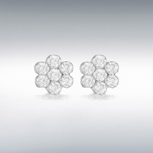 STERLING SILVER RHODIUM PLATED CZ 7MM X 7MM FLOWER STUD EARRINGS